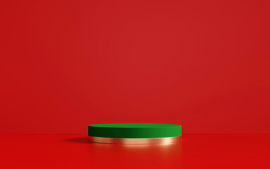 3D rendering green and gold product display stand with on red background. Minimal Christmas product presentation scene.