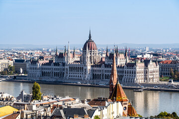Fototapeta premium Hungarian Parliament Building, Viewed from Fisherman's Bastion. Budapest, Hungary 