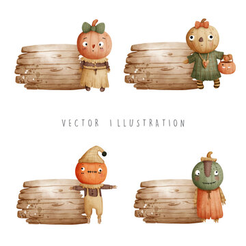 halloween scarecrow with wooden sign, vector illustration