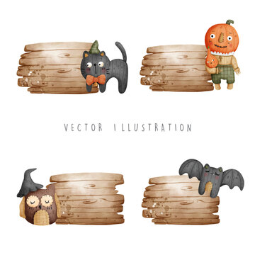 halloween scarecrow with wooden sign, vector illustration