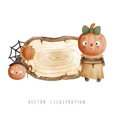 halloween scarecrow with wooden sign, vector illustration