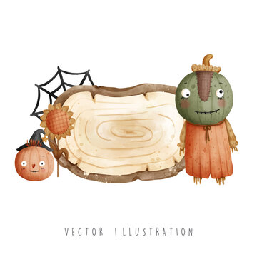halloween scarecrow with wooden sign, vector illustration