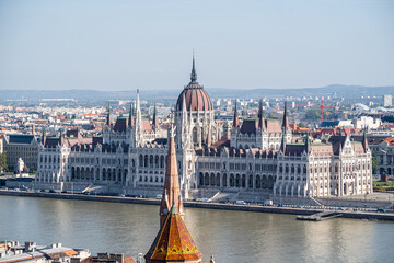 Fototapeta na wymiar Hungarian Parliament Building, Viewed from Fisherman's Bastion. Budapest, Hungary 