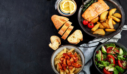Table of various healthy food dishes. Healthy food assortment. Dieting concept.