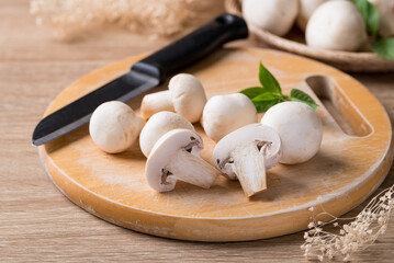 Fresh white champignon mushroom prepare for cooking