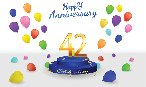 42 aniversary celebration background. 42nd anniversary banner. 42 year golden anniversary celebration with podium ribbon and balloon on white background.