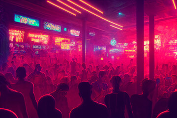Crowded futuristic cyberpunk street and marketplace, Concept Art, Digital Illustration