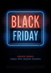 Black Friday Big discounts realistic vector flyer template. Stylish, luxury store special price offer banner design and copyspace. Seasonal clearance red blue sale advert neon light on dark background