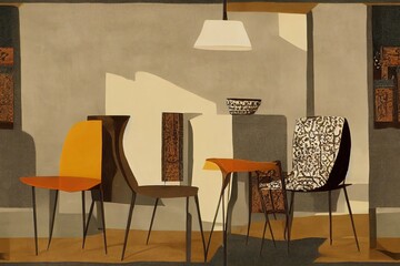 Real photo of four chairs standing around a table in a spacious dining room interior next to a patterned rug, shelf, lamp and grey wall with a painting