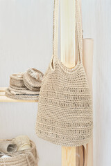 handmade knitted shoulder bag made of jute. boho eco shopper, reusable sustainable shopping. DIY...
