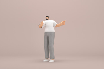 The man with beard wearinggray corduroy pants and white collar t-shirt.  He is expression  of hand when talking. 3d illustrator of cartoon character in acting.