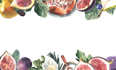 Composition of berries and figs with a fig pae on a white background. Watercolor hand painted illustration.
