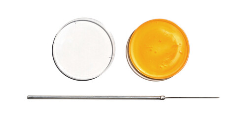 Shower cream in Petri dish with plastic lid place next to Inoculation Needle on white laboratory table. Chemical ingredient for Cosmetics and Toiletries product. Top View
