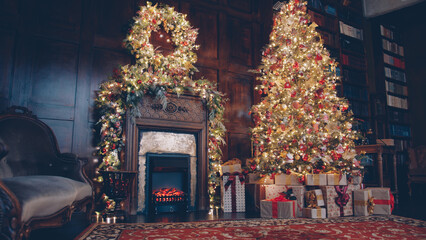 Cozy spacious room with decorated New Year tree and gift boxes and burning fireplace on Christmas Eve, nobody is visible at home. Celebrations and apartment concept.