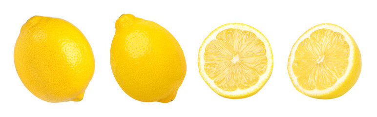 Ripe lemon fruit and slices isolated on white background, Fresh and Juicy Lemon, collection - obrazy, fototapety, plakaty