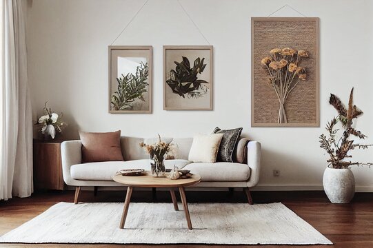 Beige boho interior of living room with mock up poster frame, elegant accessories, dried flowers in vase, wooden console and hanging hat in stylish home decor.
