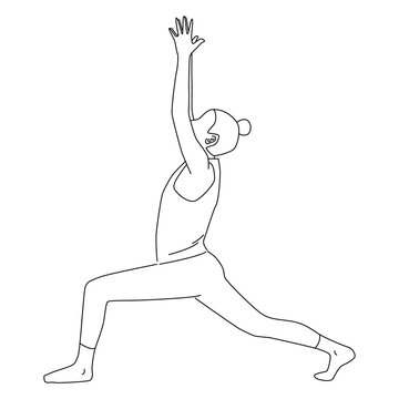 recommend clip art: Line art of woman doing Yoga in warrior 1 pose vector.