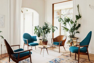 Elegant interior of home room with design armchair, retro furniture, wooden mirror, shelf, tropical leaf, plant, decoration, carpet and persnoal accessories in stylish home decor.