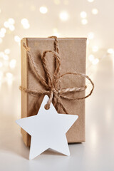 Christmas sustainable gift box with blank gift card. Christmas zero waste, boxing day and winter holiday