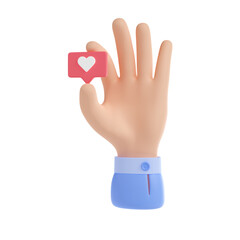 3D illustration of hand with like message isolated on white background. Human fingers holding red heart speech bubble. Customer feedback icon. Symbol of satisfaction, love. Social media communication