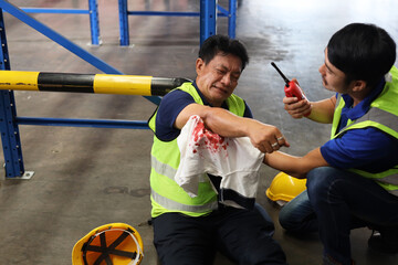 Middle aged warehouse asian worker man had elbow accident sitting on the floor in warehouse...