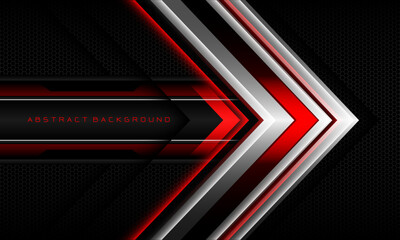 Abstract red silver arrow black cyber geometric line banner on black hexagon mesh pattern design ultramodern luxury futuristic technology background vector