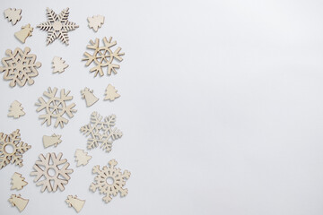 Christmas winter festive ornament. Christmas snowflakes decoration, pine trees and bells on white...