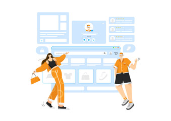 illustration for a website for buying and selling fashion goods, illustration of two people wearing modern clothes, vector with a modern and flat style