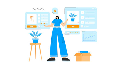 illustration for online buying and selling website, illustration of a woman for website, vector with modern and flat style