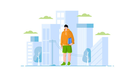 illustration of a boy holding a book with a city background, vector with a flat and modern style