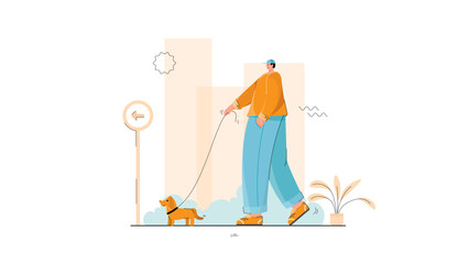 illustration of a man with a pet dog in the park, vector in modern and flat style