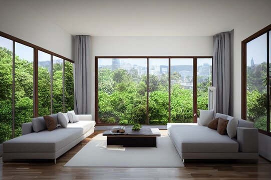 Modern living room with garden view 3d rendering Image.There are large window overlooking the surrounding garden and nature