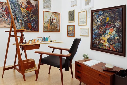 Unique artist workspace interior with stylish teak commode, wooden easel, bookcase, artworks, painting accessories, decoration and elegant personal stuff. Modern work room for artist. Template.