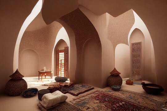 Traditional and ancient Arab mud house interior in Saudi Arabia.