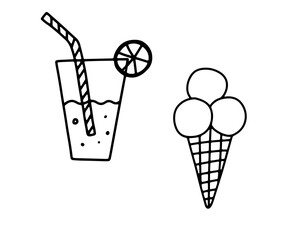 Fototapeta na wymiar Hand drawn doodle ice cream and lemonade. Sketch vector illustration for cafe menu, card, birthday card decoration.