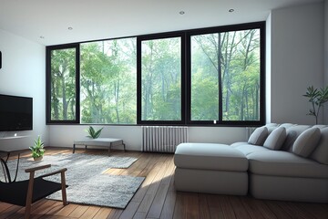 Fototapeta na wymiar Modern living room close up 3d rendering image.There wooden floor and large window overlooking to nature and forest