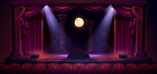 Theater stage with red curtains, spotlights and moon. Theatre interior with empty wooden scene, luxury velvet drapes and decoration, music hall, opera, drama cartoon background, Vector illustration