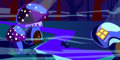 Magic forest with with mushroom houses, purple light. Vector cartoon fantasy illustration of forest landscape.