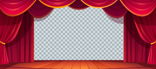 Stage red curtains isolated, empty frames of drapery for theater scene on transparent background. Luxury textile decor for opera or music hall, Cartoon vector illustration
