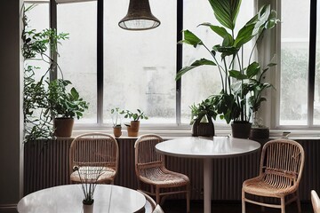 Botanic dining room interior with retro armchair, rattan lamp above table, white chairs and lots of plants