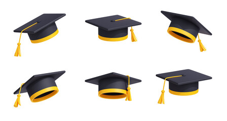 Graduates cap, university or college student hat in different view. Black mortarboard with yellow ribbon and tassel isolated on white background, 3d render illustration