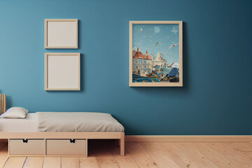 Fototapeta premium mock up poster frame in children's bedroom, Scandinavian style interior background, 3D render, 3D illustration