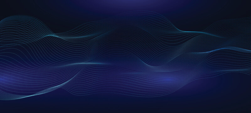 Wave music line of flowing particles abstract vector on dark blue background, smooth curvy shape circle dots fluid array. 3d shape dots blended mesh, future technology relaxing wallpaper. © ribelco
