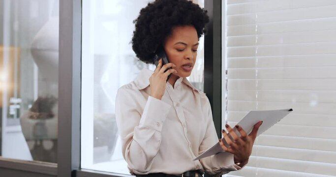 Black woman, business documents and phone call in office strategy collaboration, networking or target audience planning. Finance worker, employee or communication consultant with paper on technology