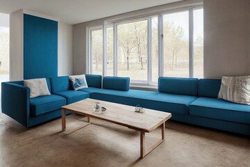 Fototapeta premium Room with blue sofa, bench, metal and wood table