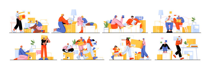 Happy family moving into new house, people relocation. Mother, father and children load, carry boxes and things to home. Characters buying real estate apartments, Line art flat vector illustration
