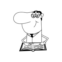 A man is reading a book. Vector black and white drawing on a white isolated background. Illustration in flat, cartoon style.