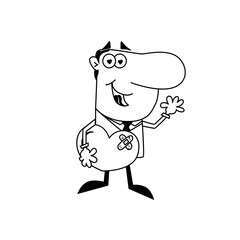 A man holds a wounded heart. Vector black and white drawing on a white isolated background. Illustration in flat, cartoon style.