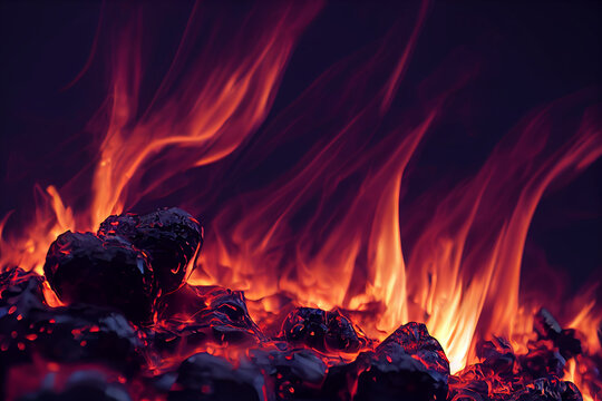 Burning coals from a fire abstract background. Barbecue Grill Pit with Glowing and Flaming Hot Charcoal Briquettes, Close-Up