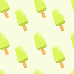 Pattern green ice cream on a stick on a white background. Vector drawing, flat, cartoon style. Design of postcards, printing on fabric, covers